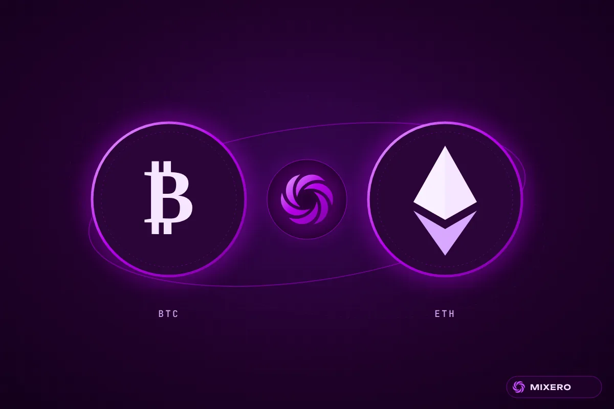 Mixero BTC and ETH mixer: bitcoin and ethereum coins around the brand mark